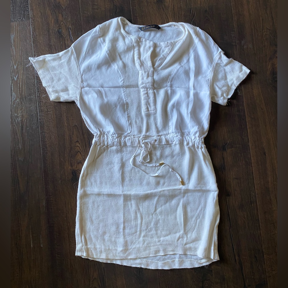 zara basic women’s XS white cream semi sheer mini short sleeve cotton dress